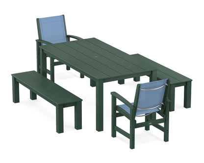 POLYWOOD® Coastal 5-Piece Parsons Dining Set with Benches in Green / Poolside Sling
