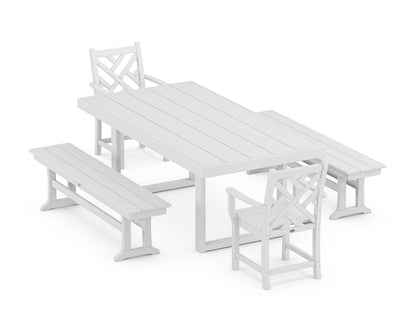 POLYWOOD® Chippendale 5-Piece Dining Set with Benches in White