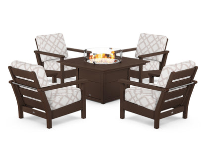 POLYWOOD® Harbour 5-Piece Conversation Set with Fire Pit Table in Mahogany / Trellis Dune Burlap