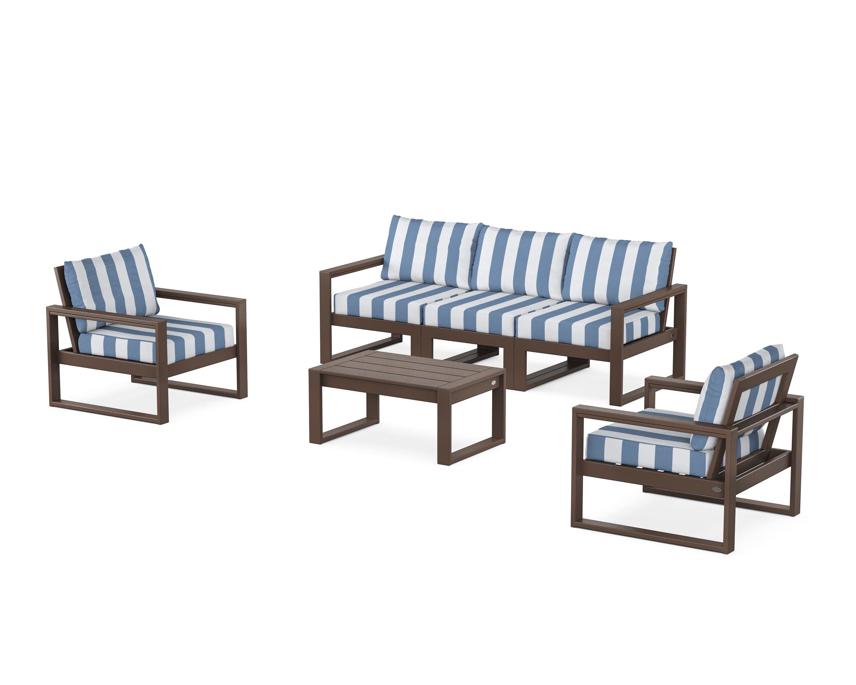 POLYWOOD® EDGE Sectional 4-Piece Deep Seating Set with Sofa in Mahogany / Cabana Stripe Sky Blue
