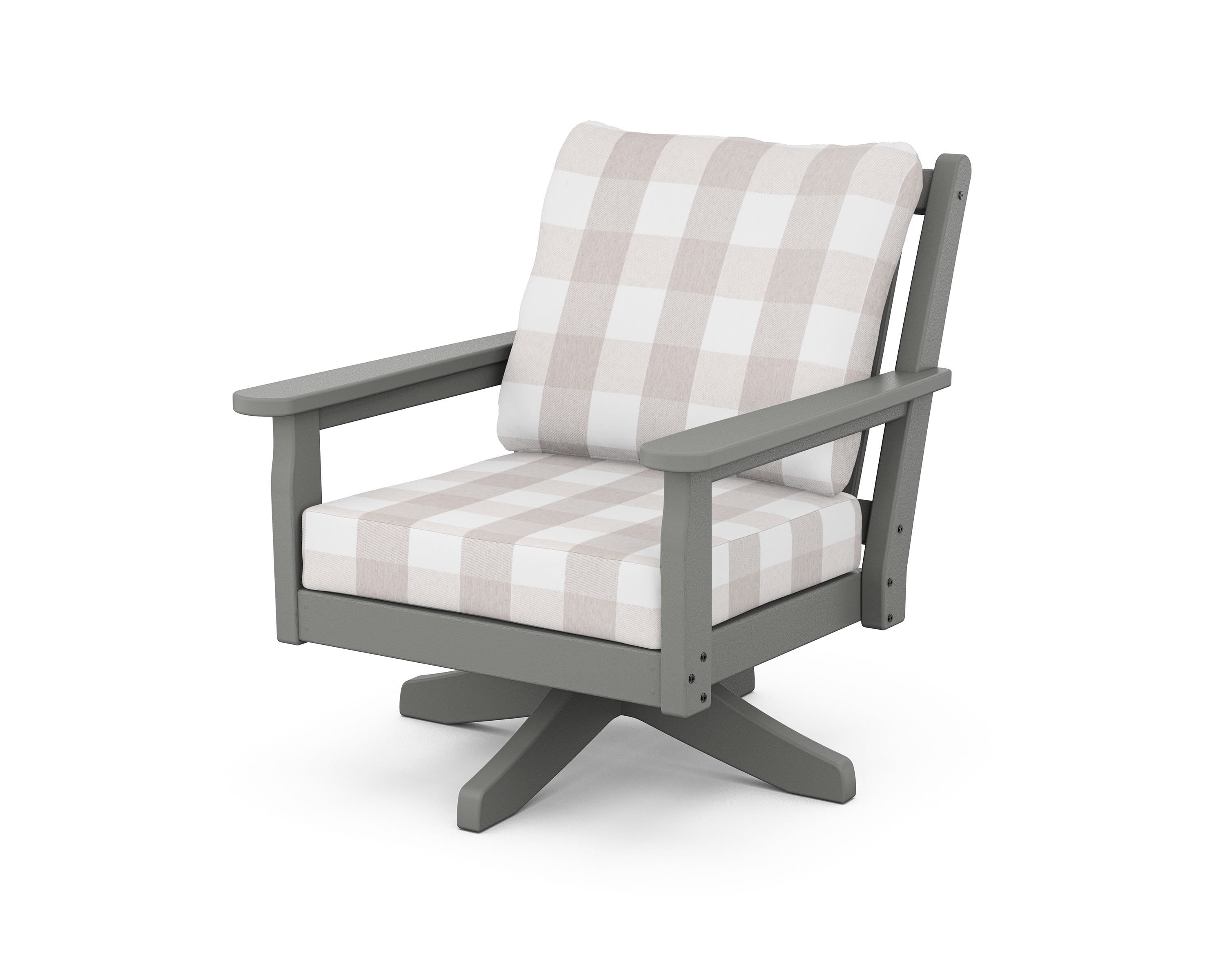 POLYWOOD® Chippendale Deep Seating Swivel Chair in Slate Grey / Buffalo Plaid Dune Burlap