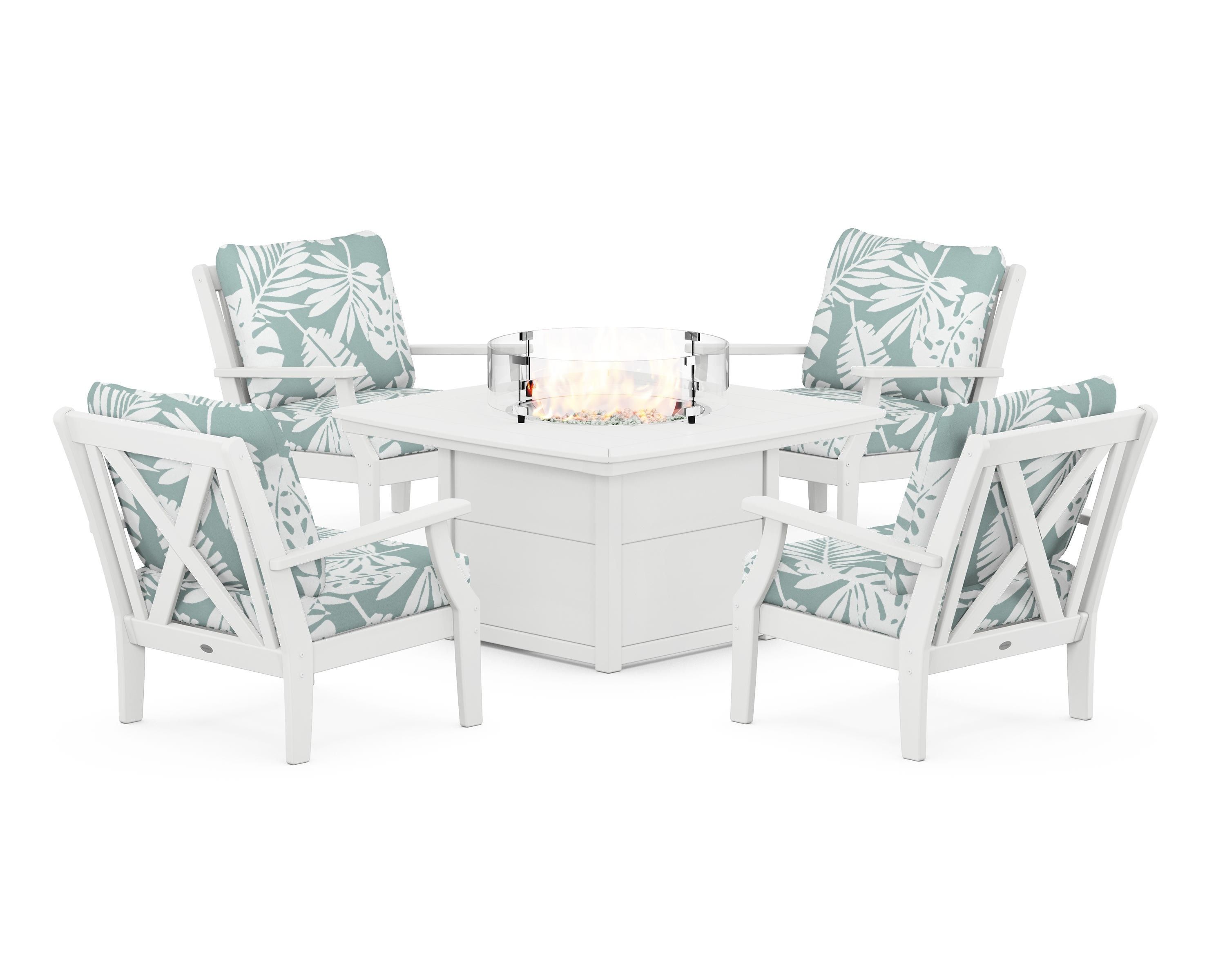 POLYWOOD® Braxton 5-Piece Deep Seating Conversation Set with Fire Pit Table in White / Leaf Glacier Spa