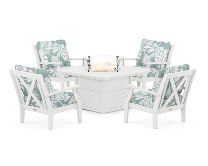 POLYWOOD® Braxton 5-Piece Deep Seating Conversation Set with Fire Pit Table in White / Leaf Glacier Spa