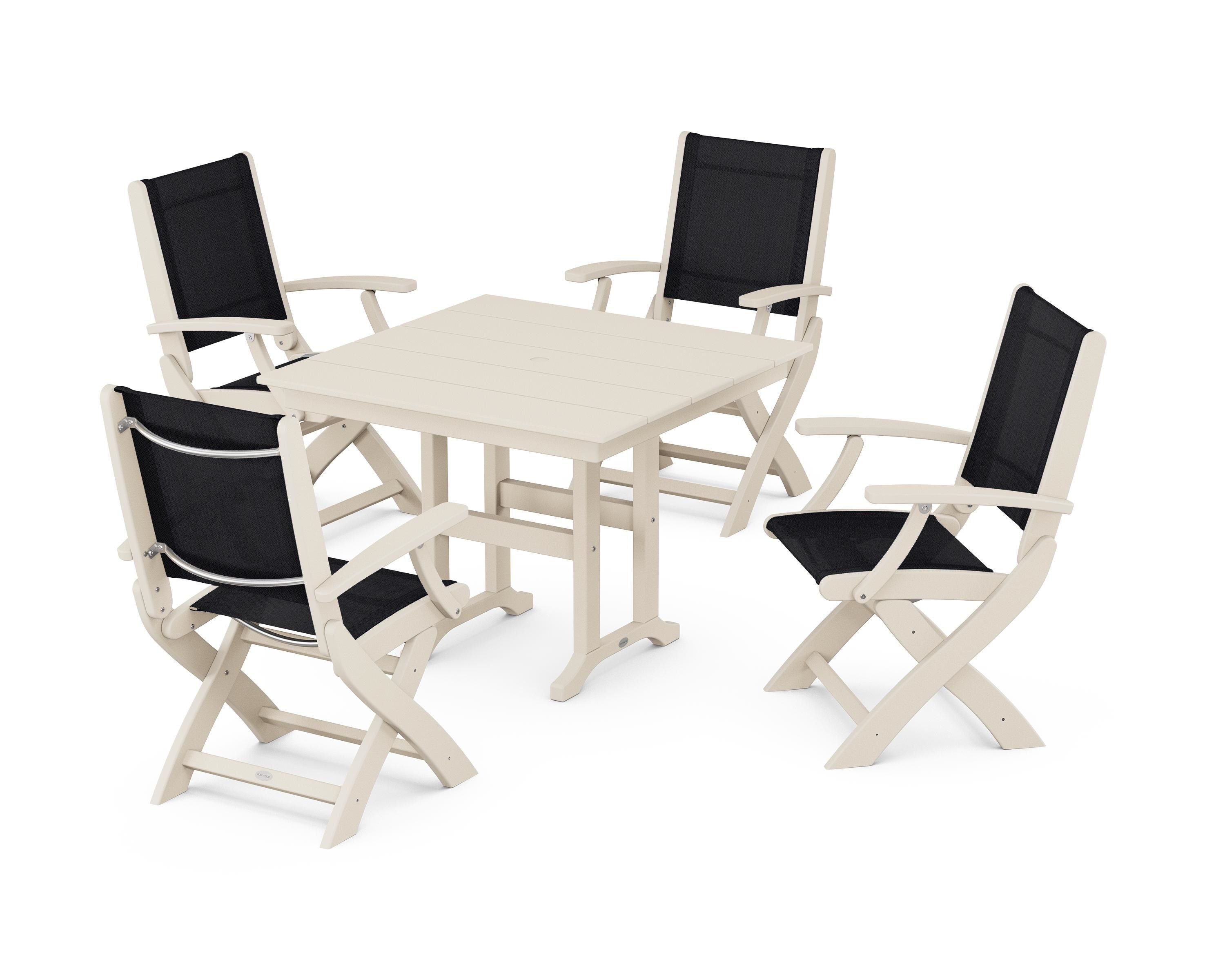POLYWOOD® Coastal Folding Chair 5-Piece Farmhouse Dining Set in Sand / Black Sling