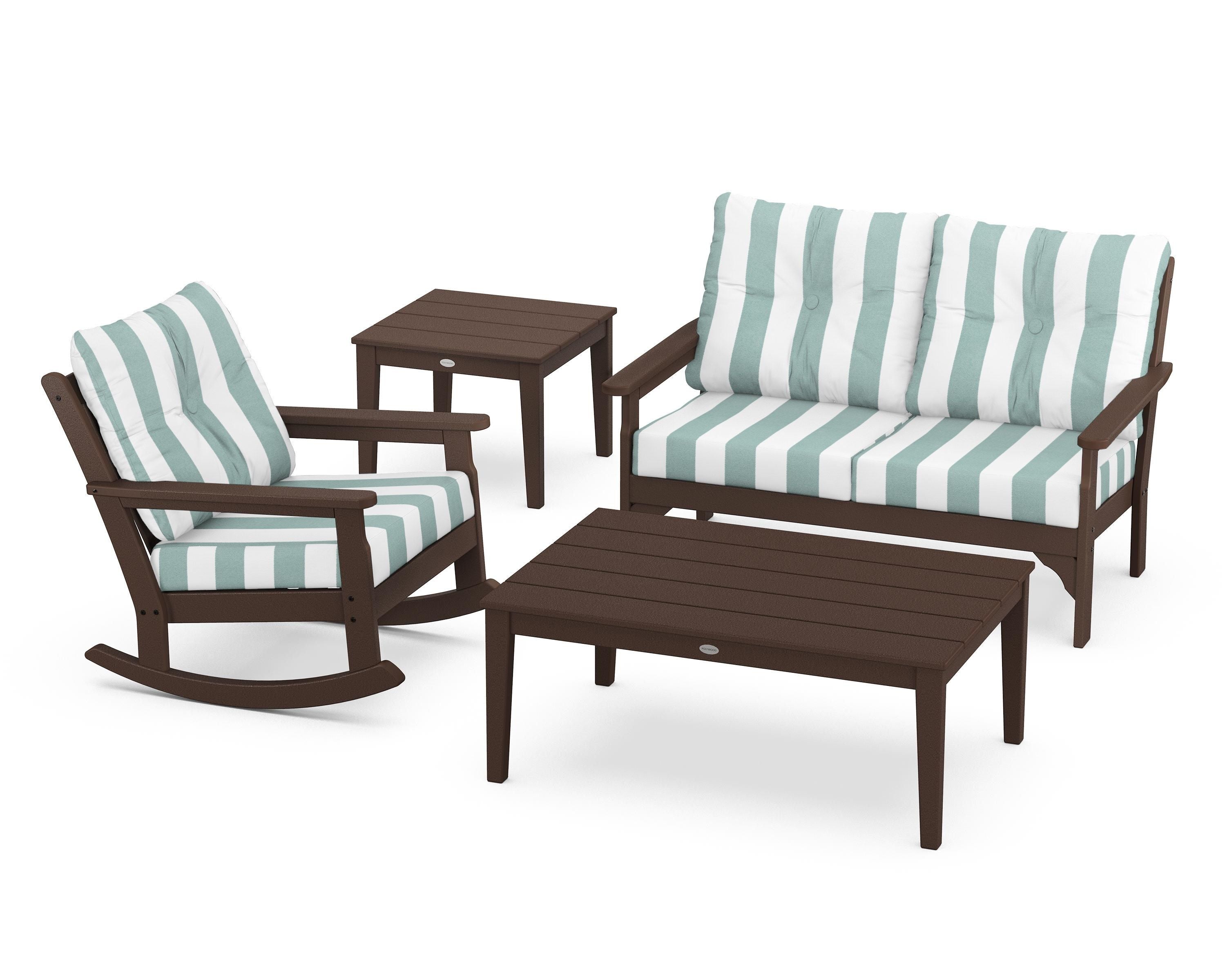 POLYWOOD® Vineyard 4-Piece Deep Seating Rocker Set in Mahogany / Cabana Stripe Glacier Spa