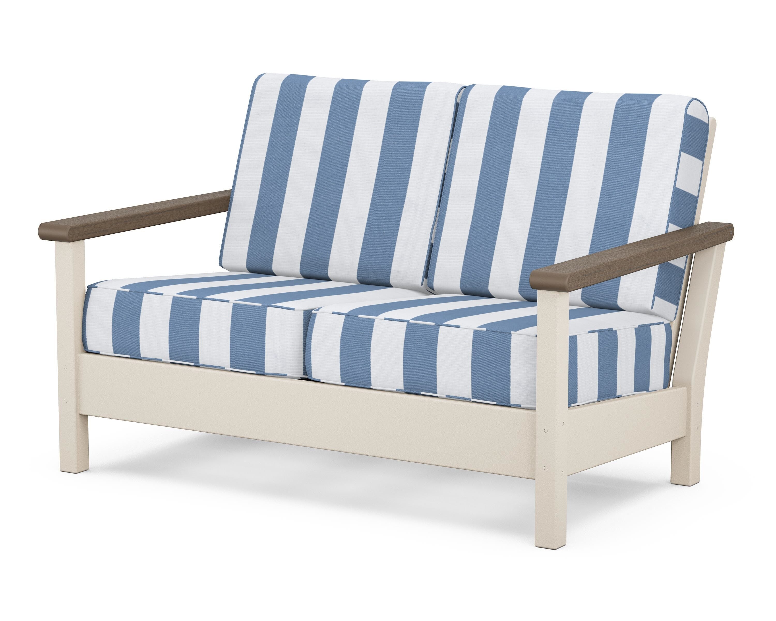 POLYWOOD® Harbour Deep Seating Loveseat in Sand / Kona / Cabana Stripe Sky Blue
