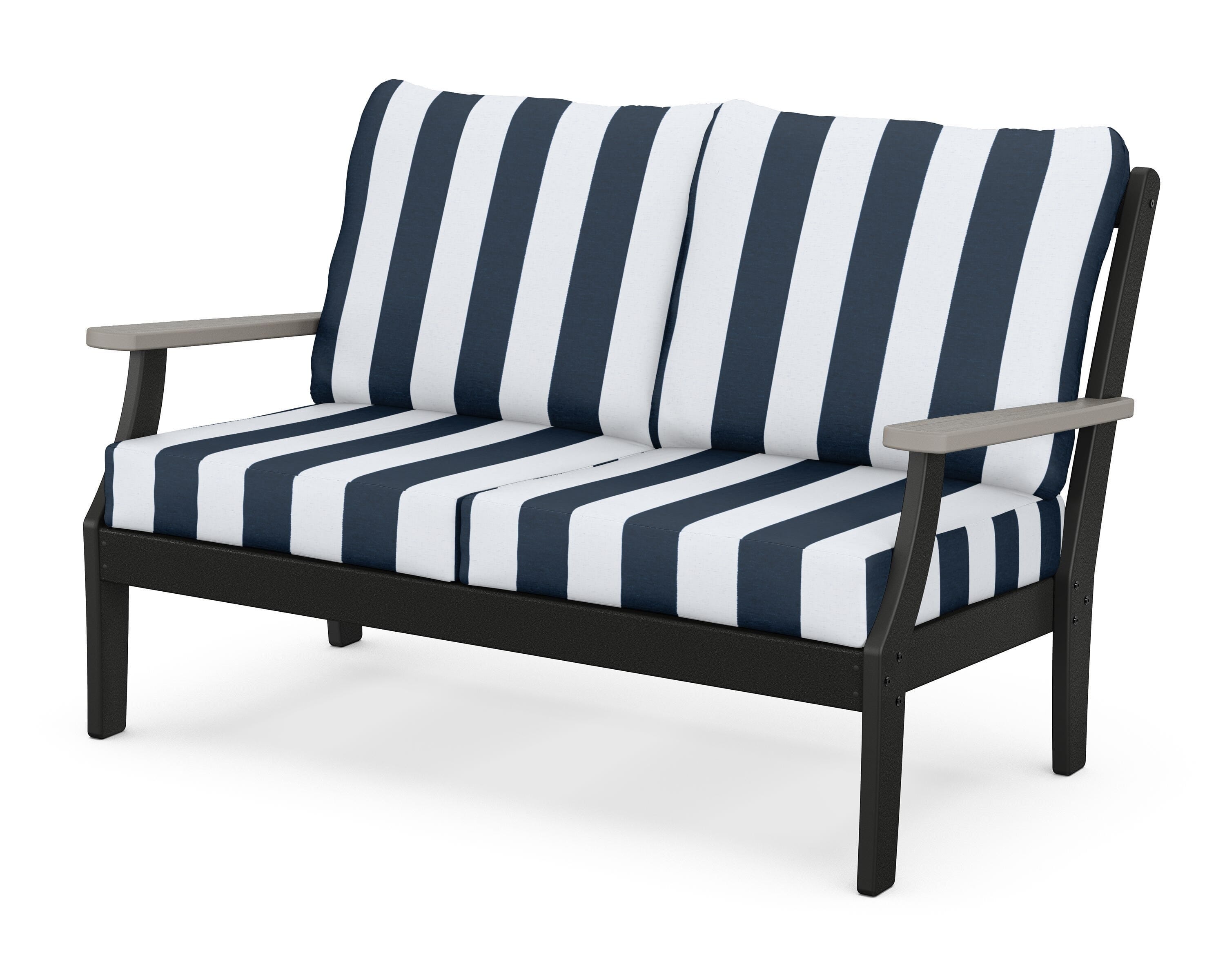 POLYWOOD® Braxton Deep Seating Loveseat in Black / Driftwood / Cabana Stripe Marine Indigo