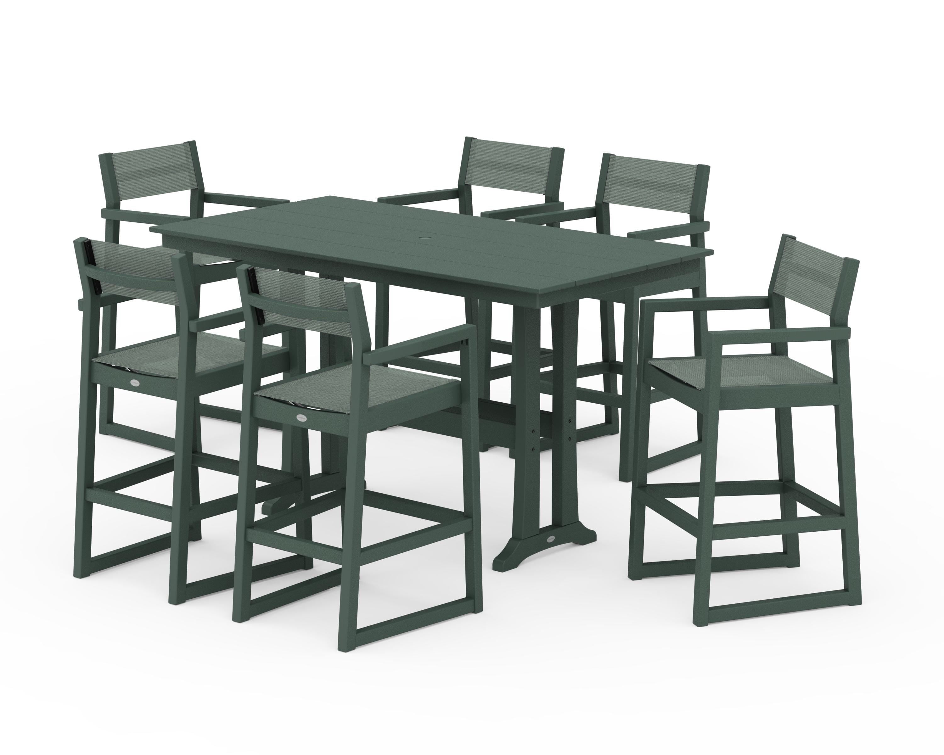 POLYWOOD® EDGE Sling Arm Chair 7-Piece Farmhouse Bar Set with Trestle Legs in Green / Dupioni Sea Mist Sling