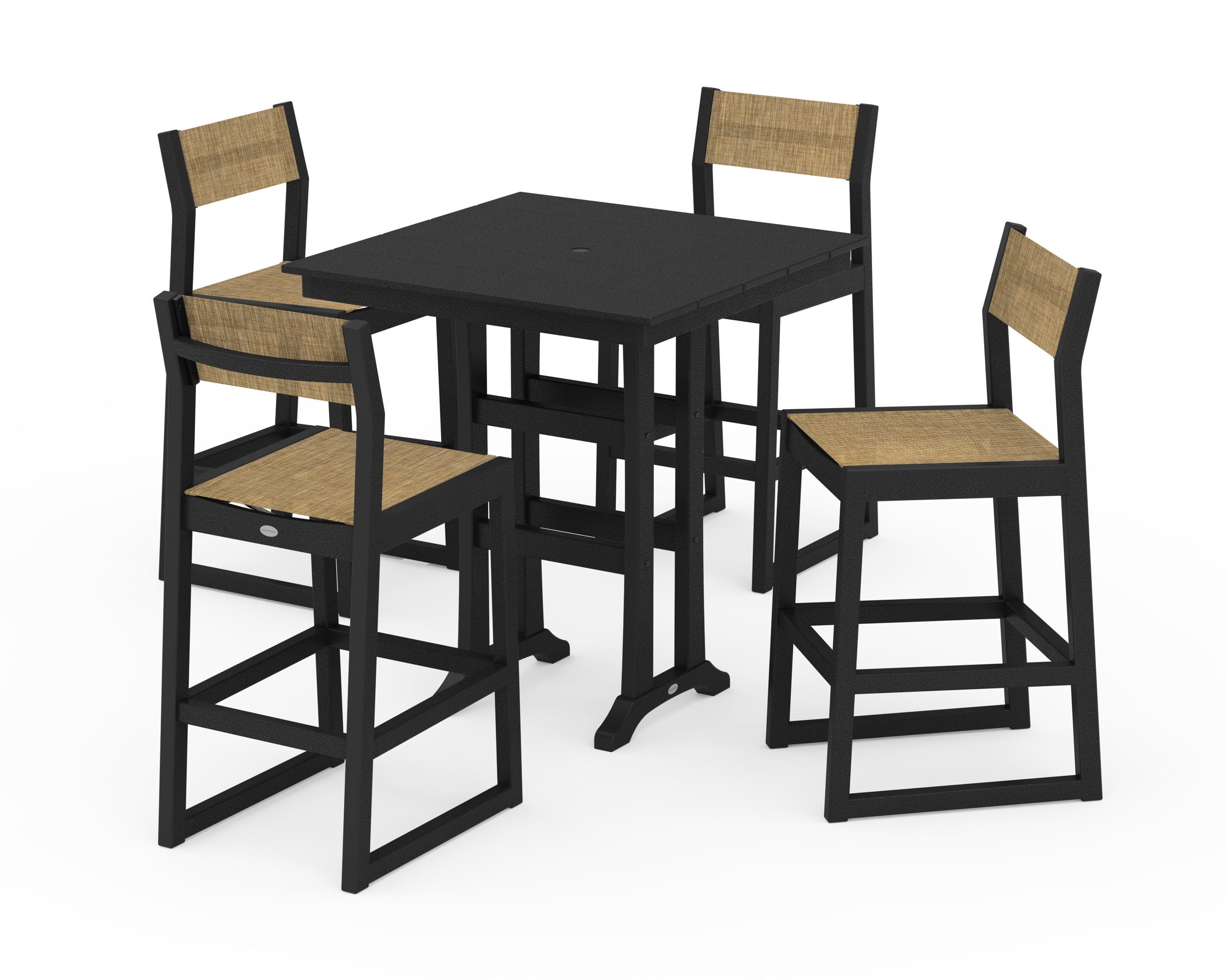 POLYWOOD® EDGE Sling Arm Chair 5-Piece Farmhouse Bar Set with Trestle Legs in Black / Burlap Sling