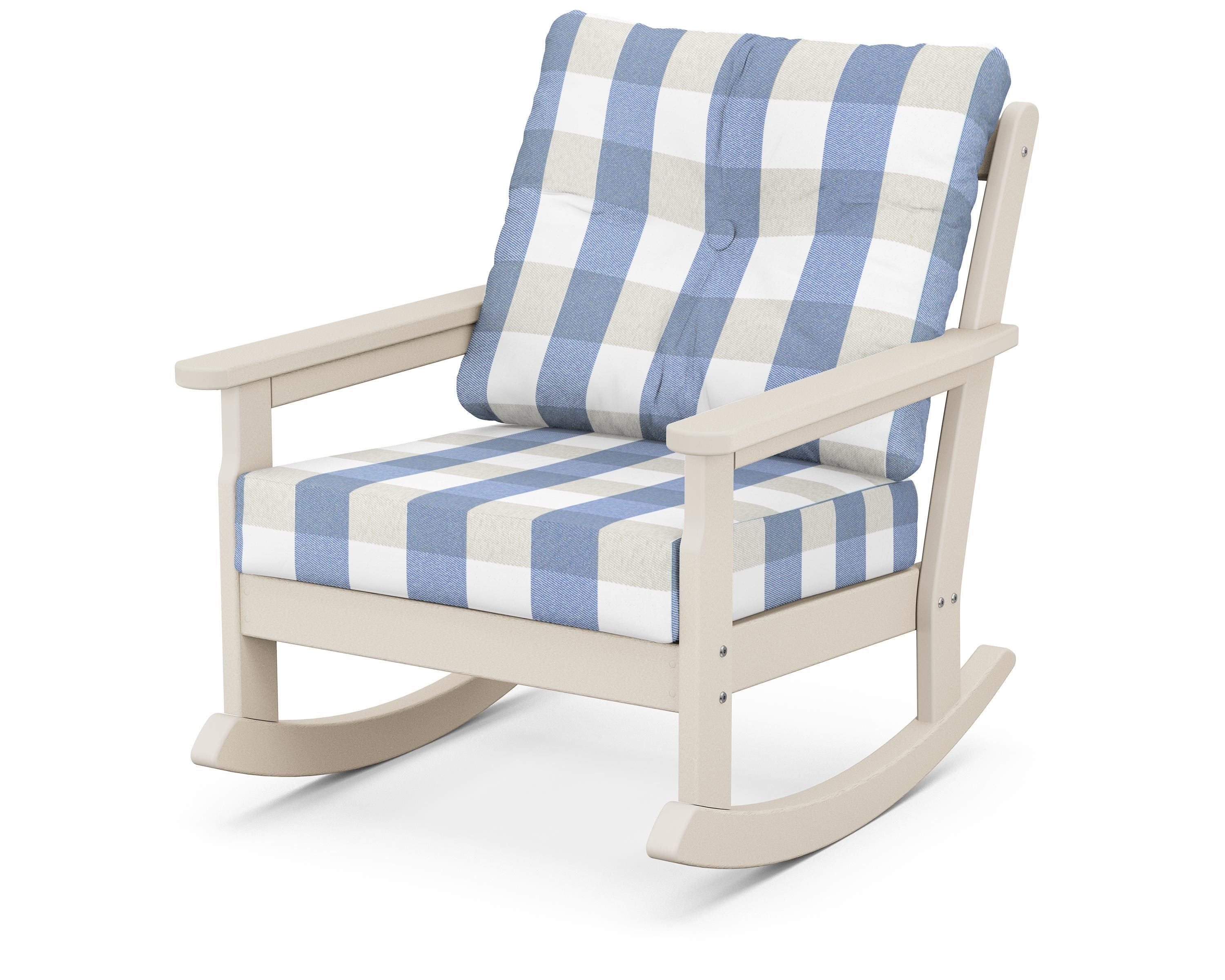 POLYWOOD® Vineyard Deep Seating Rocking Chair in Sand / Buffalo Plaid Sky Blue