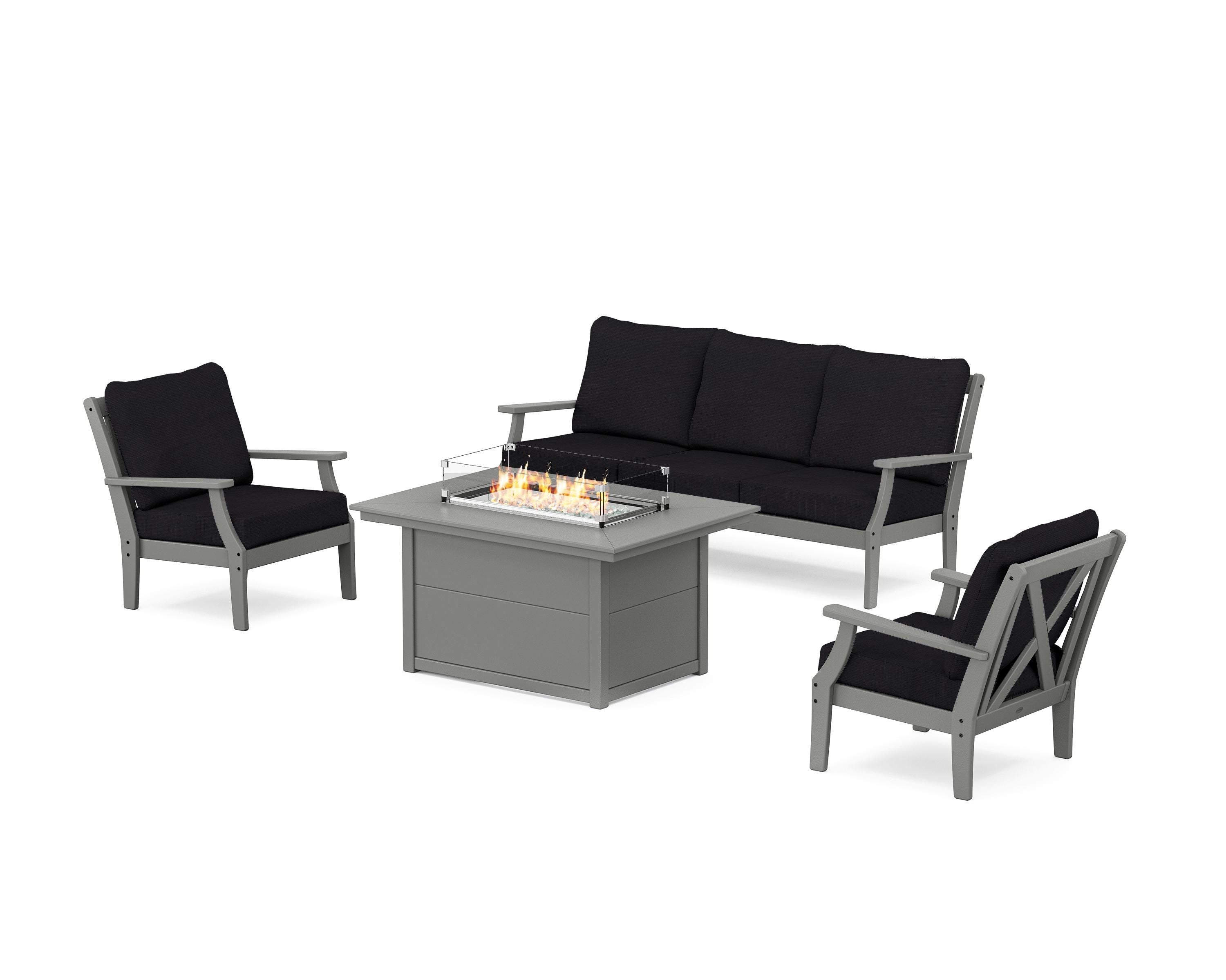 POLYWOOD® Braxton Deep Seating Fire Pit Table Set in Slate Grey / Midnight Linen