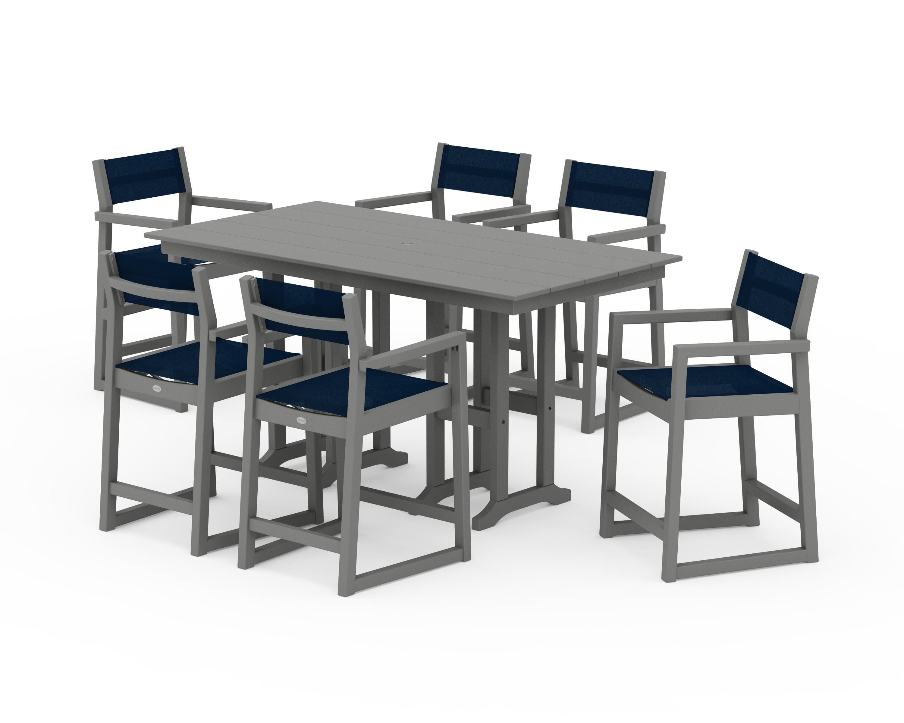 POLYWOOD® EDGE Sling Arm Chair 7-Piece Farmhouse Counter Set in Slate Grey / Navy Blue Sling