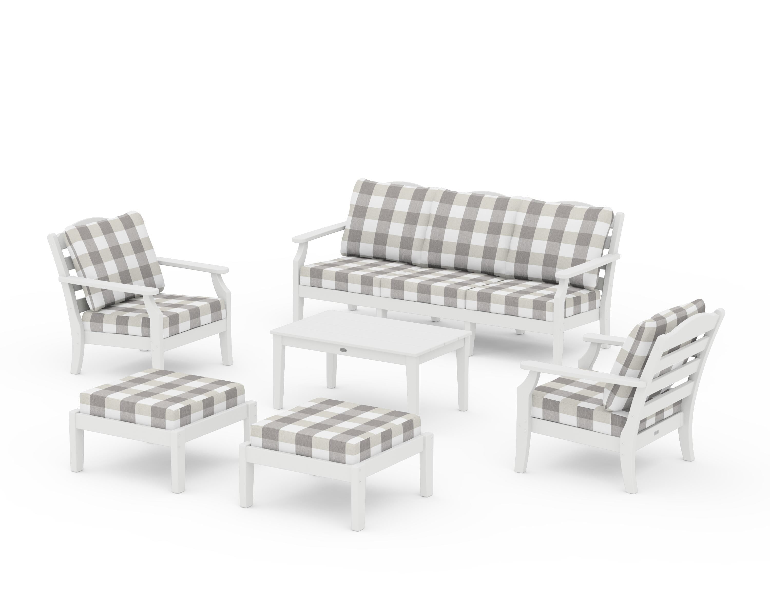 Draper James™ by  POLYWOOD® Savannah 6-Piece Lounge Sofa Set in White / Buffalo Plaid Grey Mist