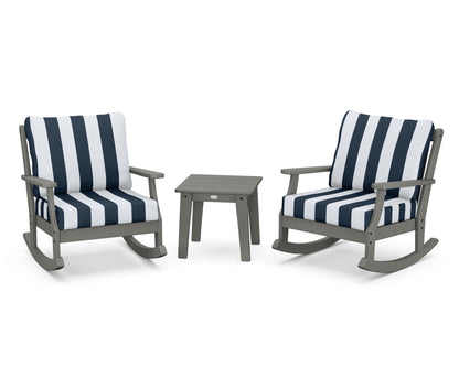 POLYWOOD® Braxton 3-Piece Deep Seating Rocker Set in Slate Grey / Cabana Stripe Marine Indigo