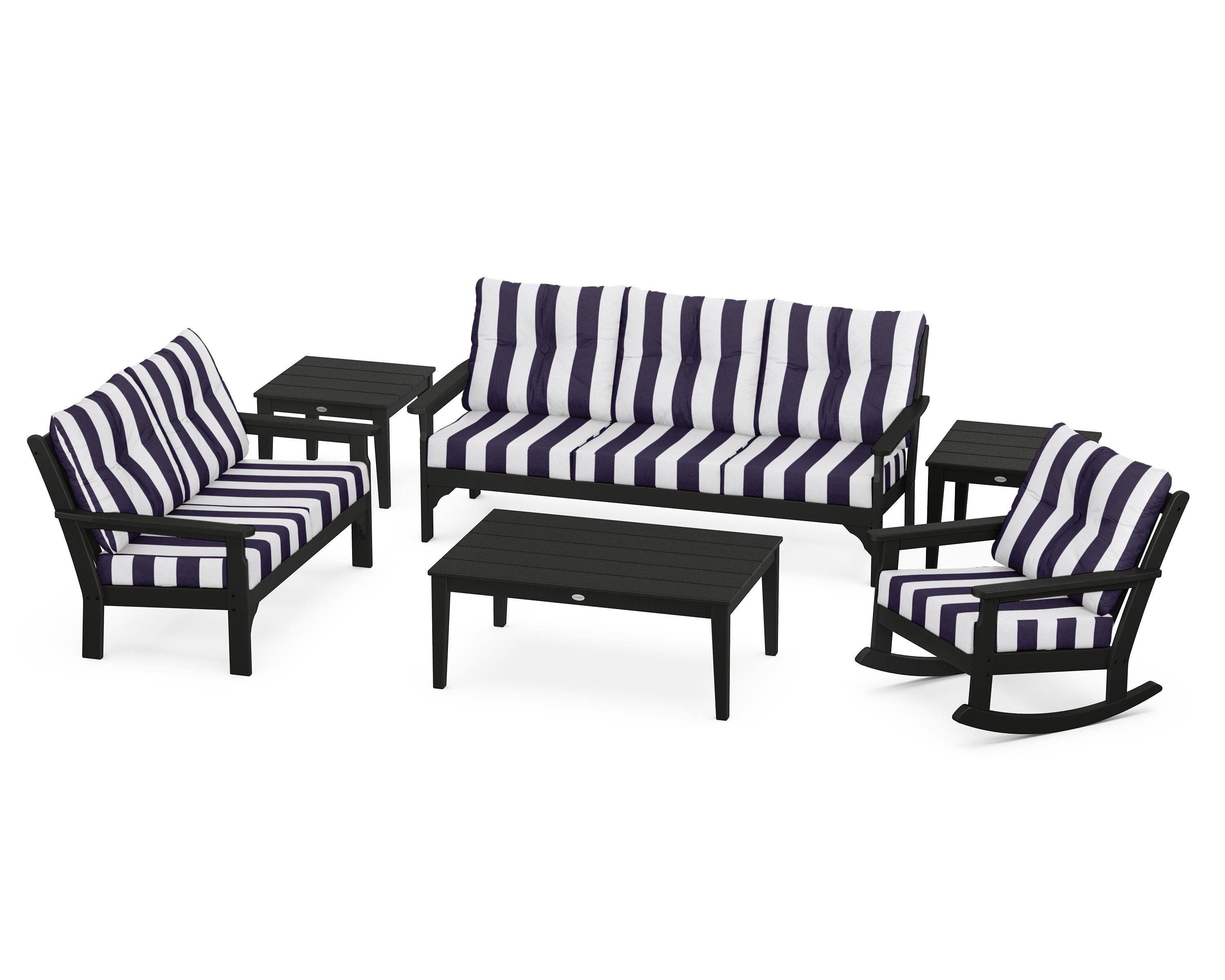 POLYWOOD® Vineyard 6-Piece Deep Seating Set in Black / Cabana Stripe Navy