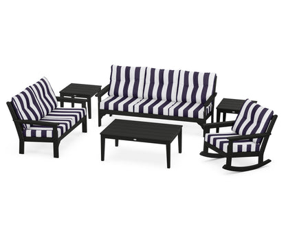 POLYWOOD® Vineyard 6-Piece Deep Seating Set in Black / Cabana Stripe Navy