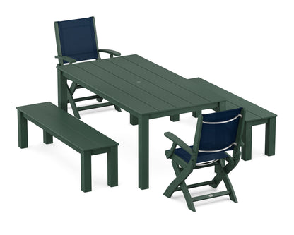 POLYWOOD® Coastal Folding Chair 5-Piece Parsons Dining Set with Benches in Green / Navy Blue Sling