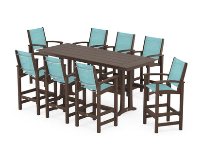 POLYWOOD® Coastal 9-Piece Farmhouse Bar Set with Trestle Legs in Mahogany / Dupioni Aquamarine Sling