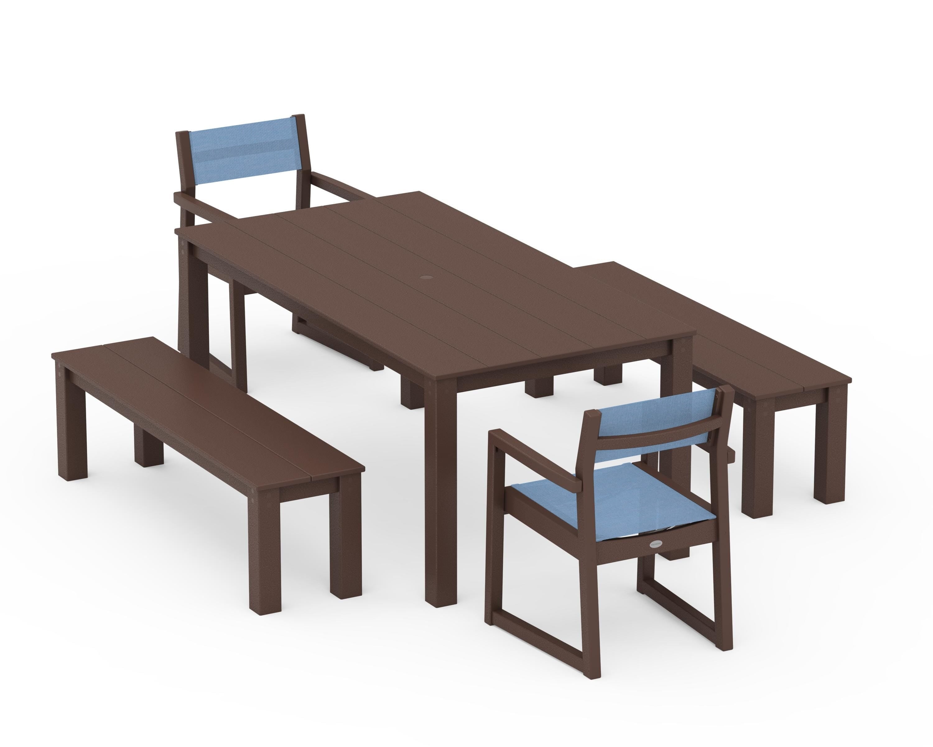 POLYWOOD® EDGE Sling Arm Chair 5-Piece Parsons Dining Set with Benches in Mahogany / Poolside Sling