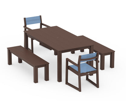 POLYWOOD® EDGE Sling Arm Chair 5-Piece Parsons Dining Set with Benches in Mahogany / Poolside Sling
