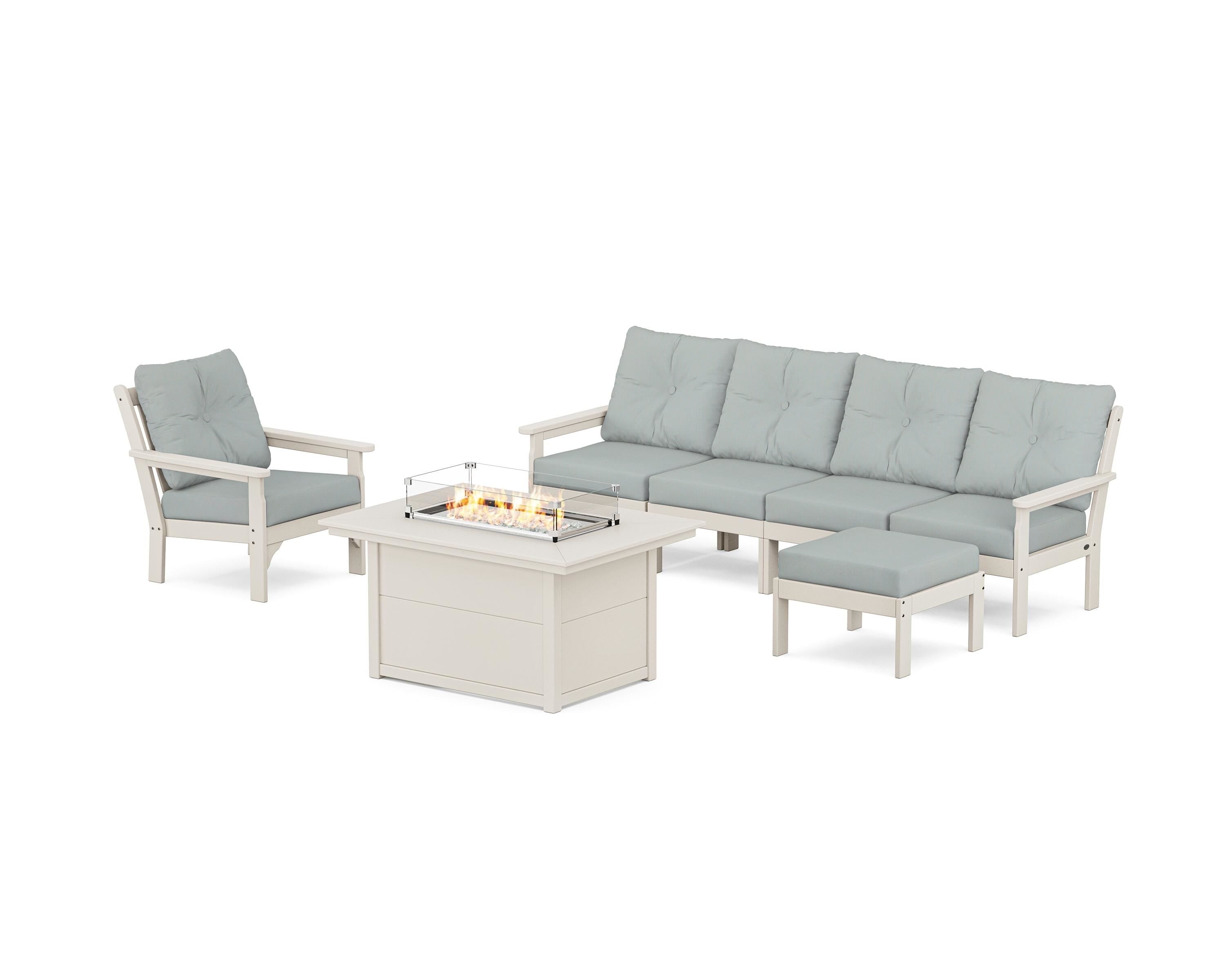 POLYWOOD® Vineyard Sectional Lounge and Fire Pit Set in Sand / Spa
