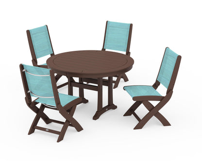 POLYWOOD® Coastal Folding Side Chair 5-Piece Round Dining Set With Trestle Legs in Mahogany / Dupioni Aquamarine Sling