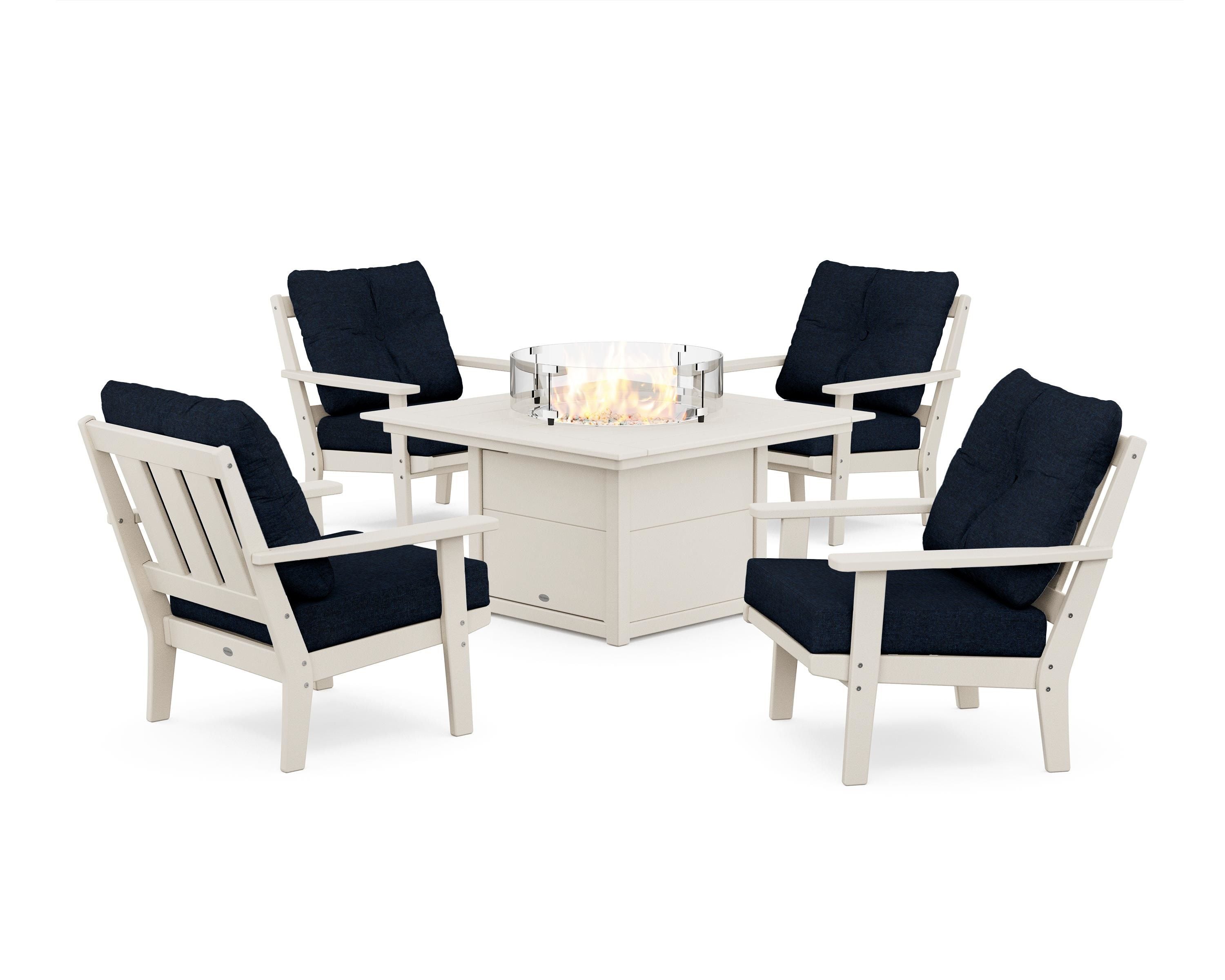 POLYWOOD® Oxford 5-Piece Deep Seating Set with Fire Pit Table in Sand / Marine Indigo