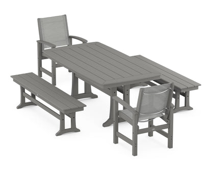 POLYWOOD® Coastal 5-Piece Dining Set with Trestle Legs and Benches in Slate Grey / Metallic Sling