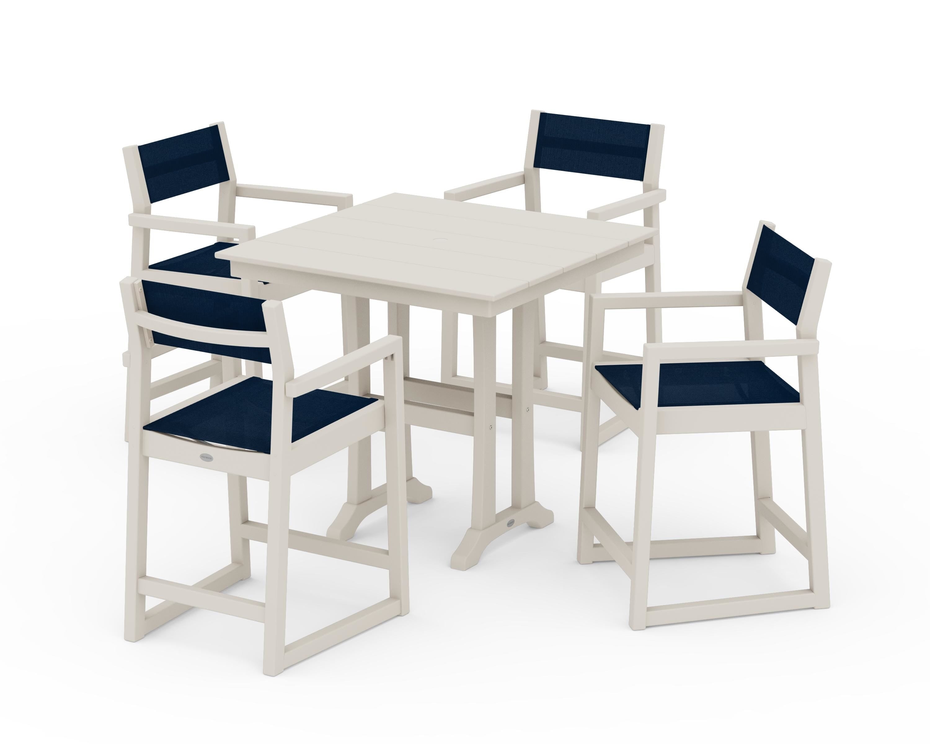 POLYWOOD® EDGE Sling Arm Chair 5-Piece Farmhouse Counter Set with Trestle Legs in Sand / Navy Blue Sling