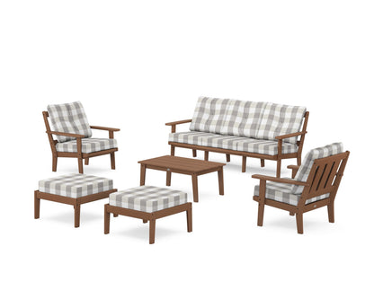 POLYWOOD® Oxford 6-Piece Lounge Sofa Set in Teak / Buffalo Plaid Grey Mist