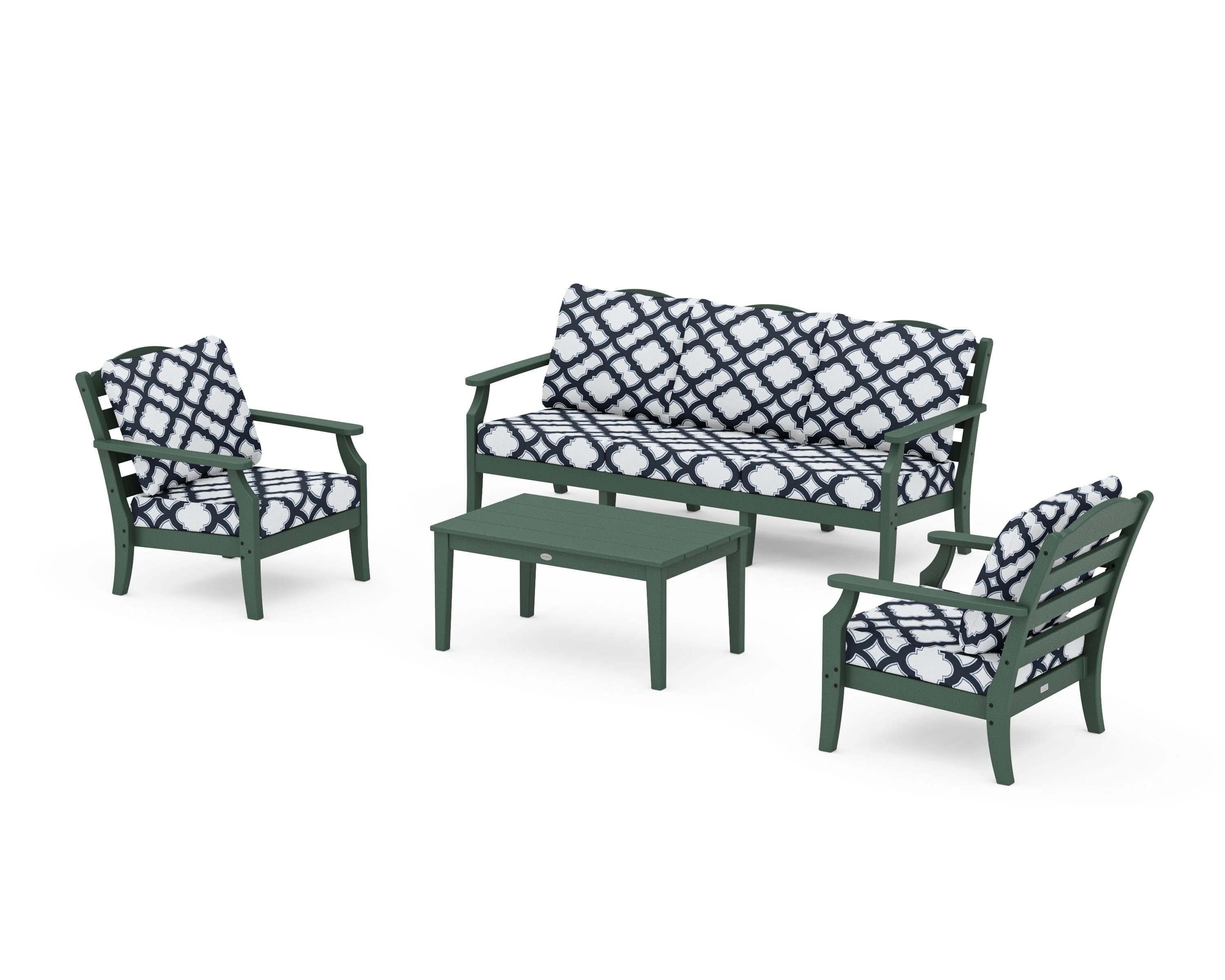Draper James™ by  POLYWOOD® Savannah 4-Piece Deep Seating Set with Sofa in Green / Trellis Marine Indigo