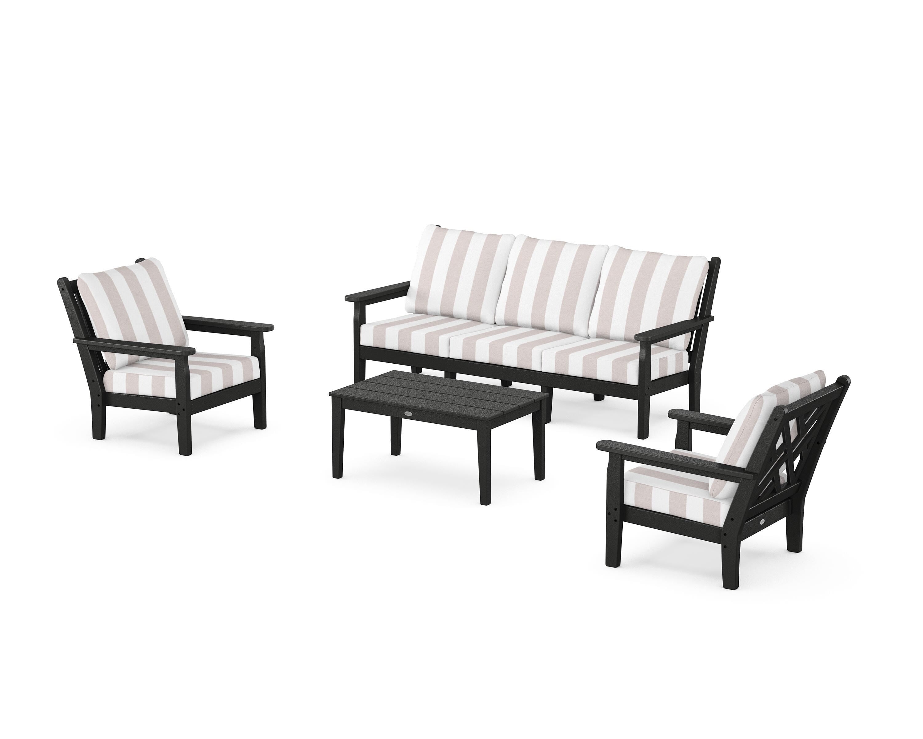 POLYWOOD® Chippendale 4-Piece Deep Seating Set with Sofa in Black / Cabana Stripe Dune Burlap