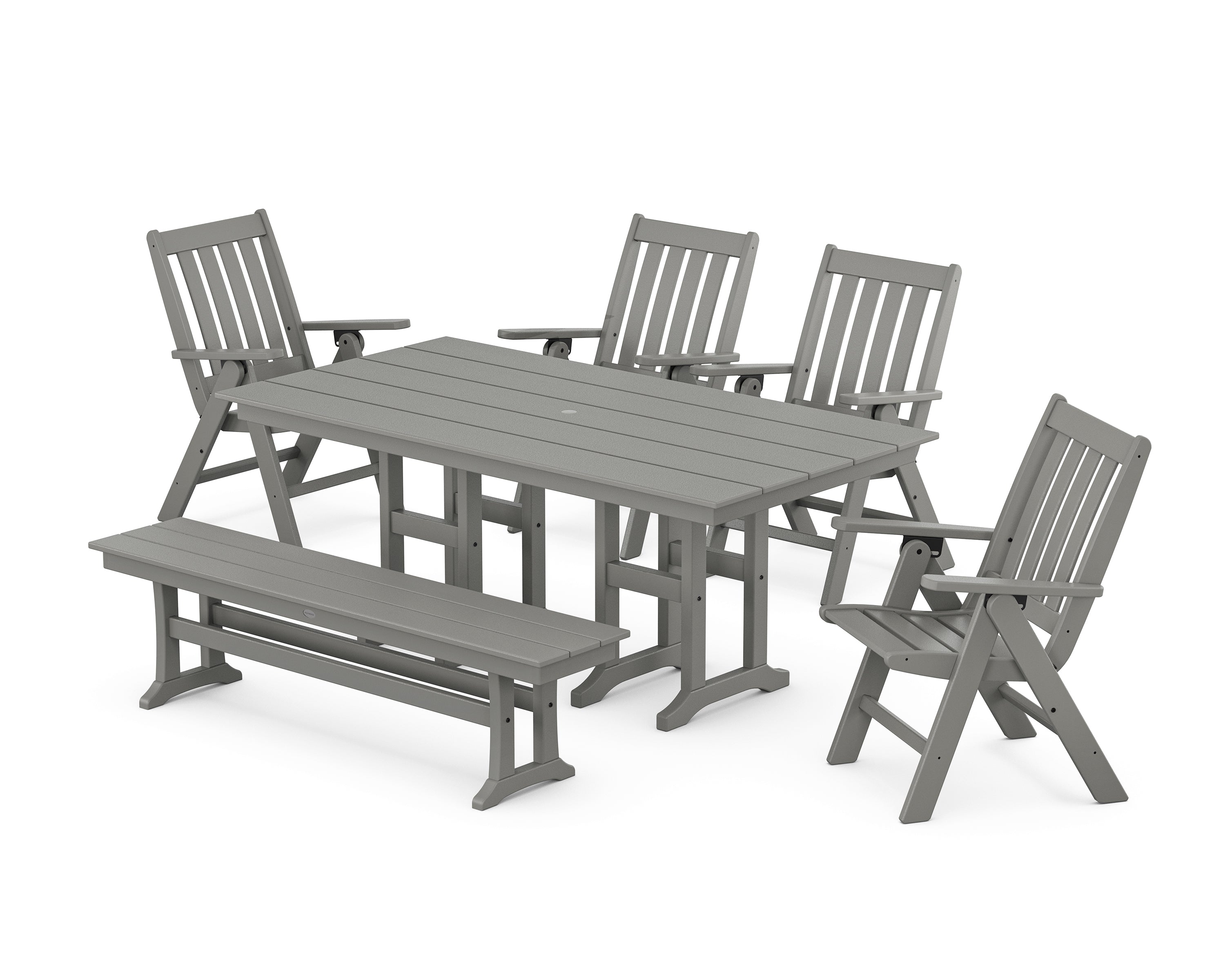POLYWOOD® Vineyard Folding Chair 6-Piece Farmhouse Dining Set with Bench in Slate Grey