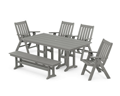 POLYWOOD® Vineyard Folding Chair 6-Piece Farmhouse Dining Set with Bench in Slate Grey