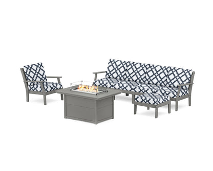 POLYWOOD® Braxton Sectional Lounge and Fire Pit Set in Slate Grey / Trellis Marine Indigo