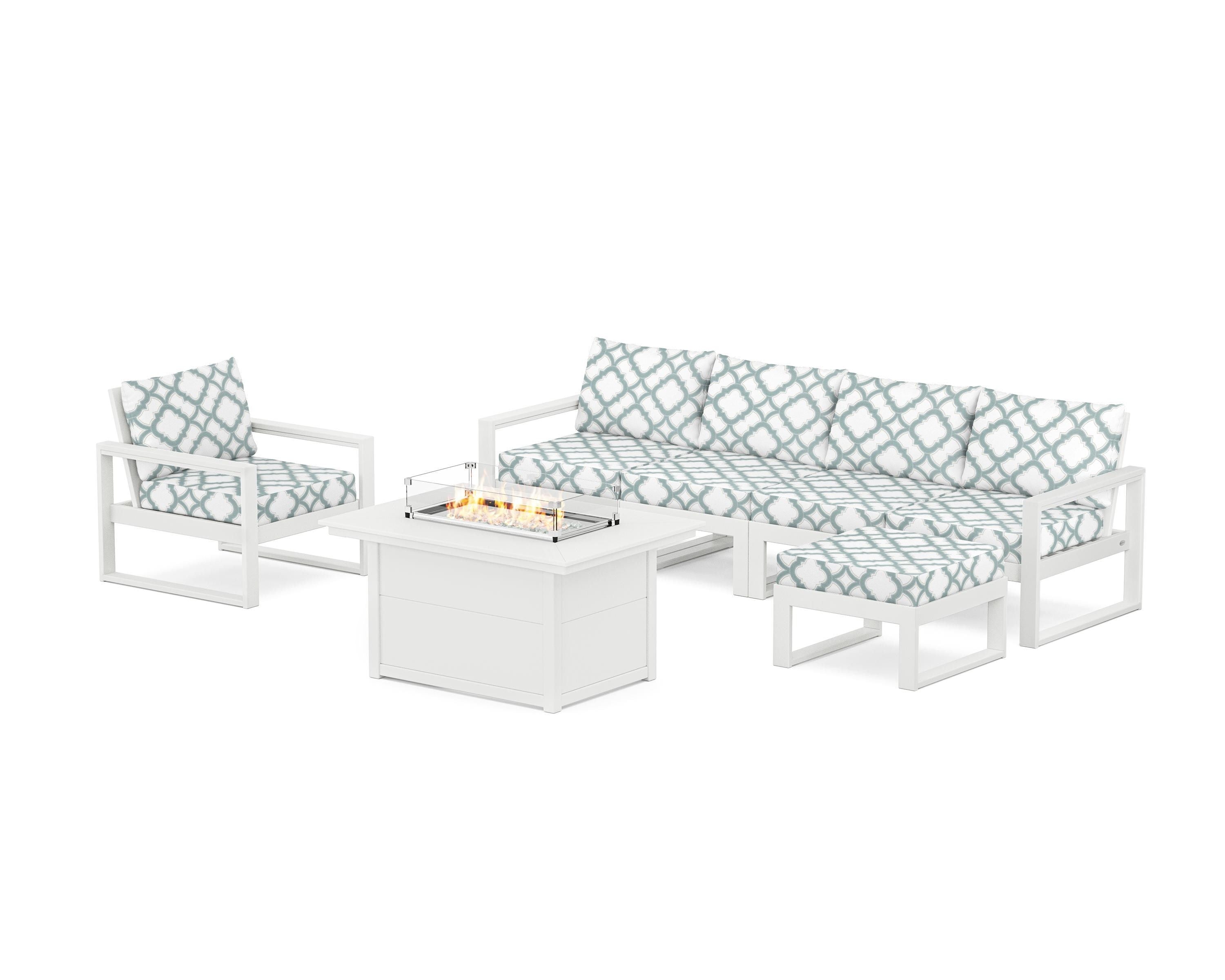 POLYWOOD® EDGE Sectional Lounge and Fire Pit Set in White / Trellis Glacier Spa