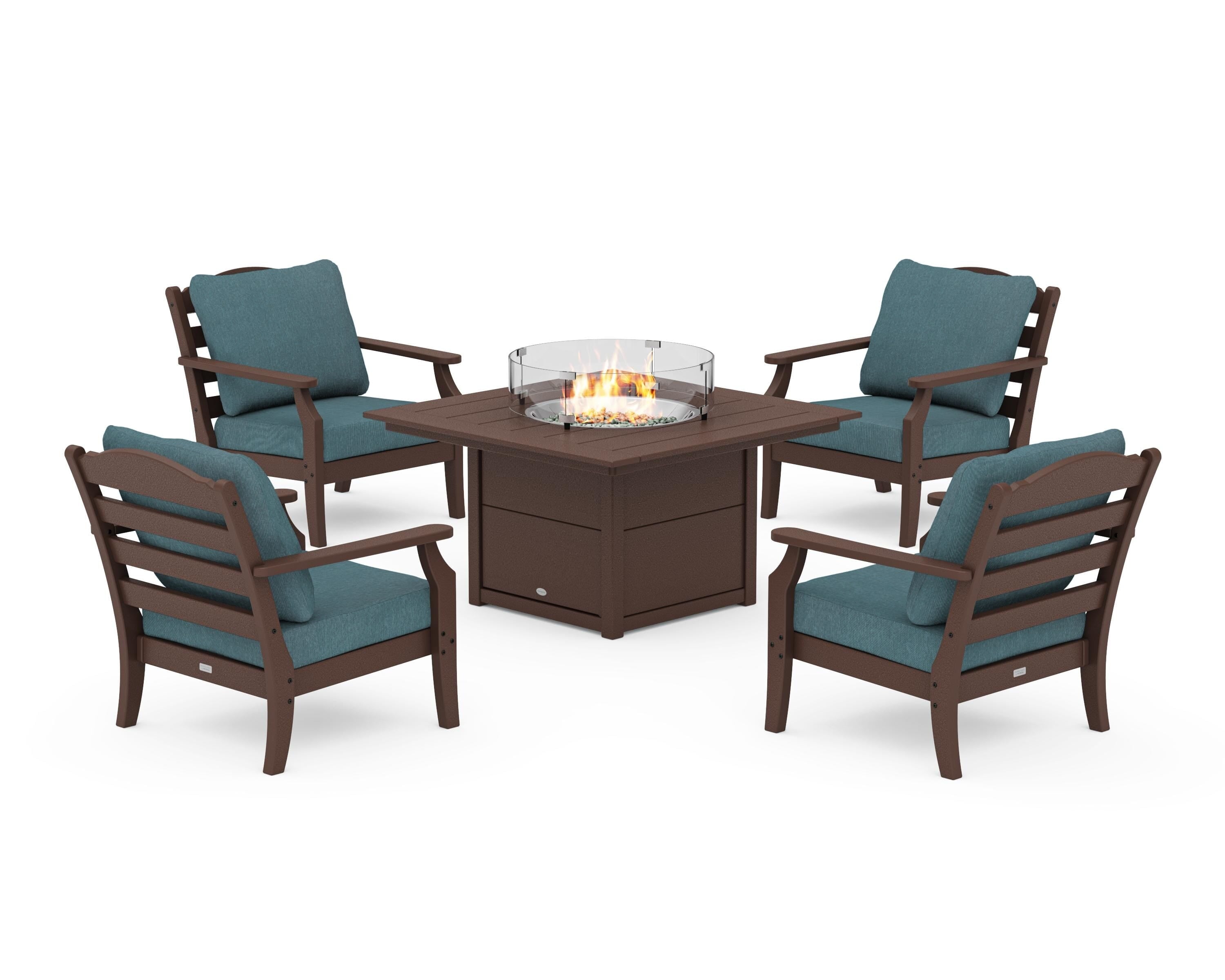 Draper James™ by  POLYWOOD® Savannah 5-Piece Deep Seating Set with Fire Pit Table in Mahogany / Ocean Teal