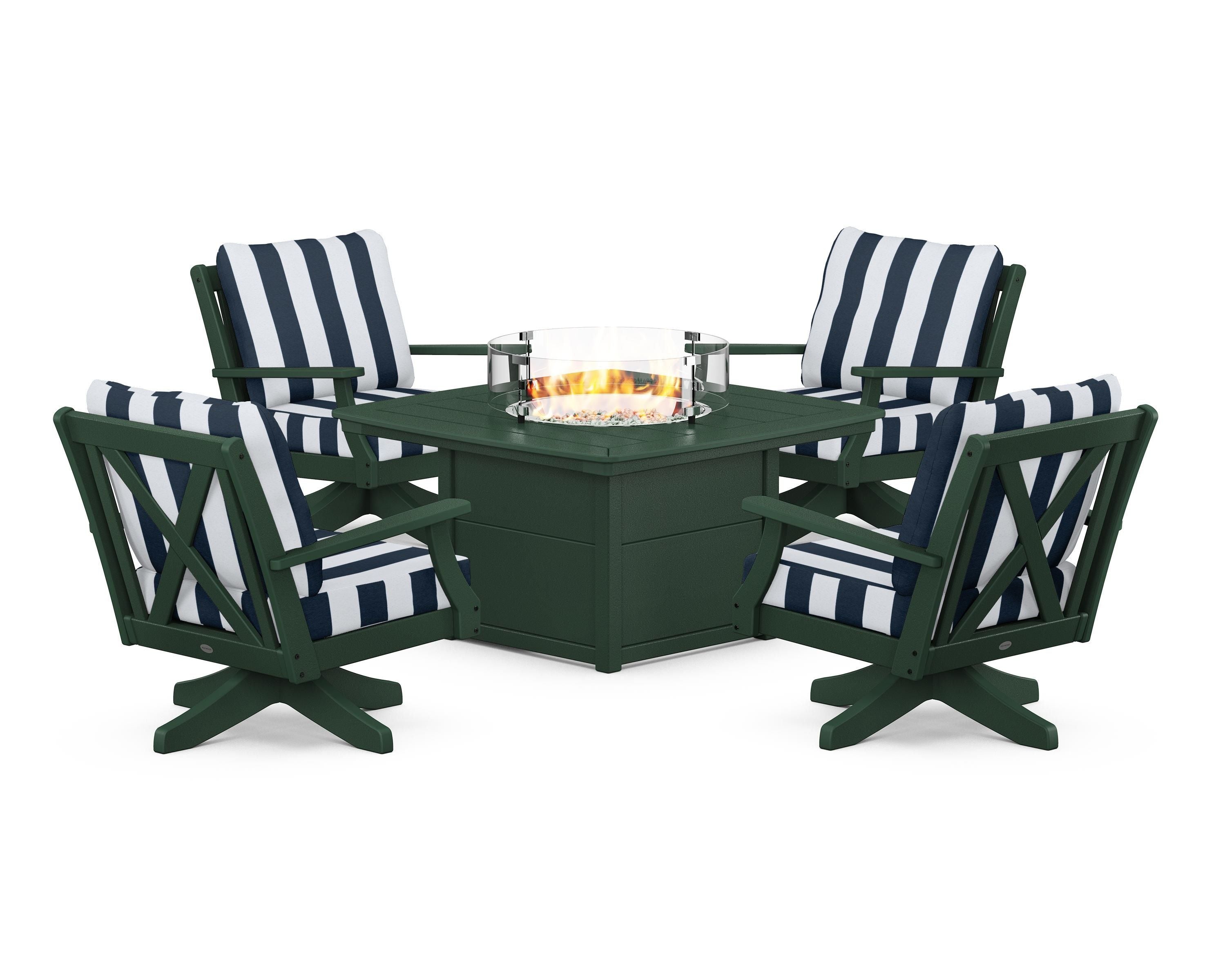 POLYWOOD® Braxton 5-Piece Deep Seating Swivel Conversation Set with Fire Pit Table in Green / Cabana Stripe Marine Indigo