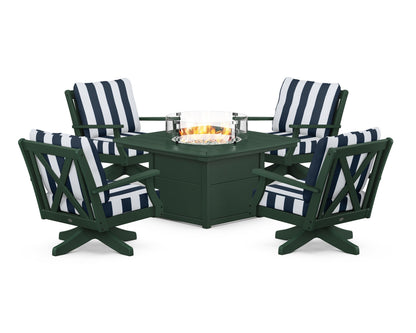 POLYWOOD® Braxton 5-Piece Deep Seating Swivel Conversation Set with Fire Pit Table in Green / Cabana Stripe Marine Indigo