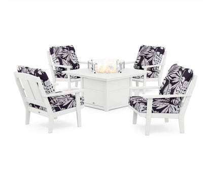 POLYWOOD® Mission 5-Piece Deep Seating Set with Fire Pit Table in White / Leaf Navy