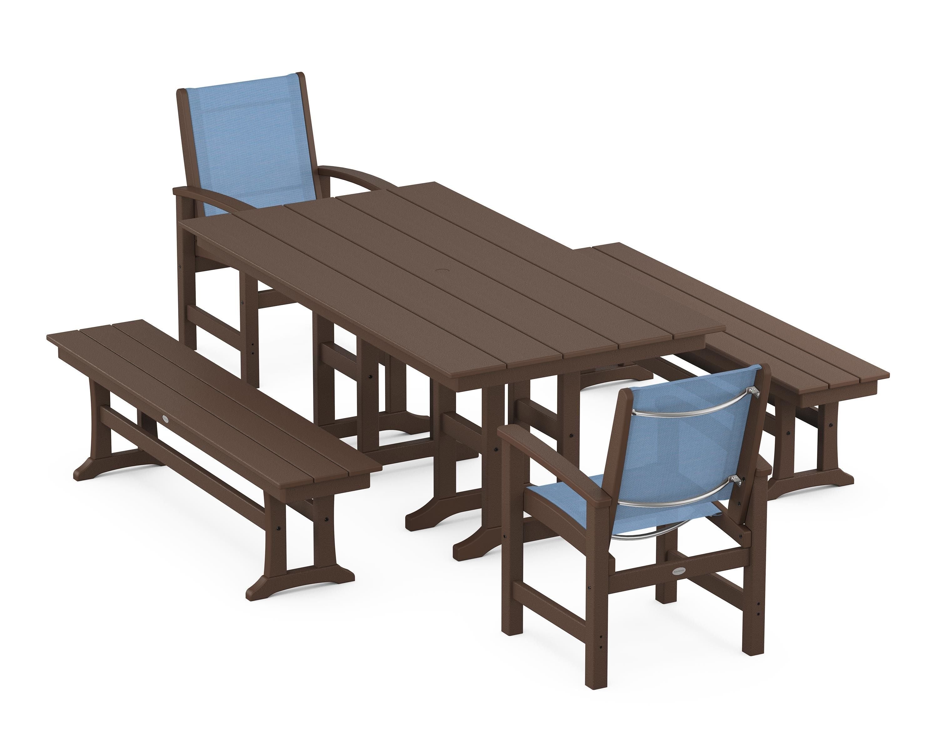 POLYWOOD® Coastal 5-Piece Farmhouse Dining Set in Mahogany / Poolside Sling