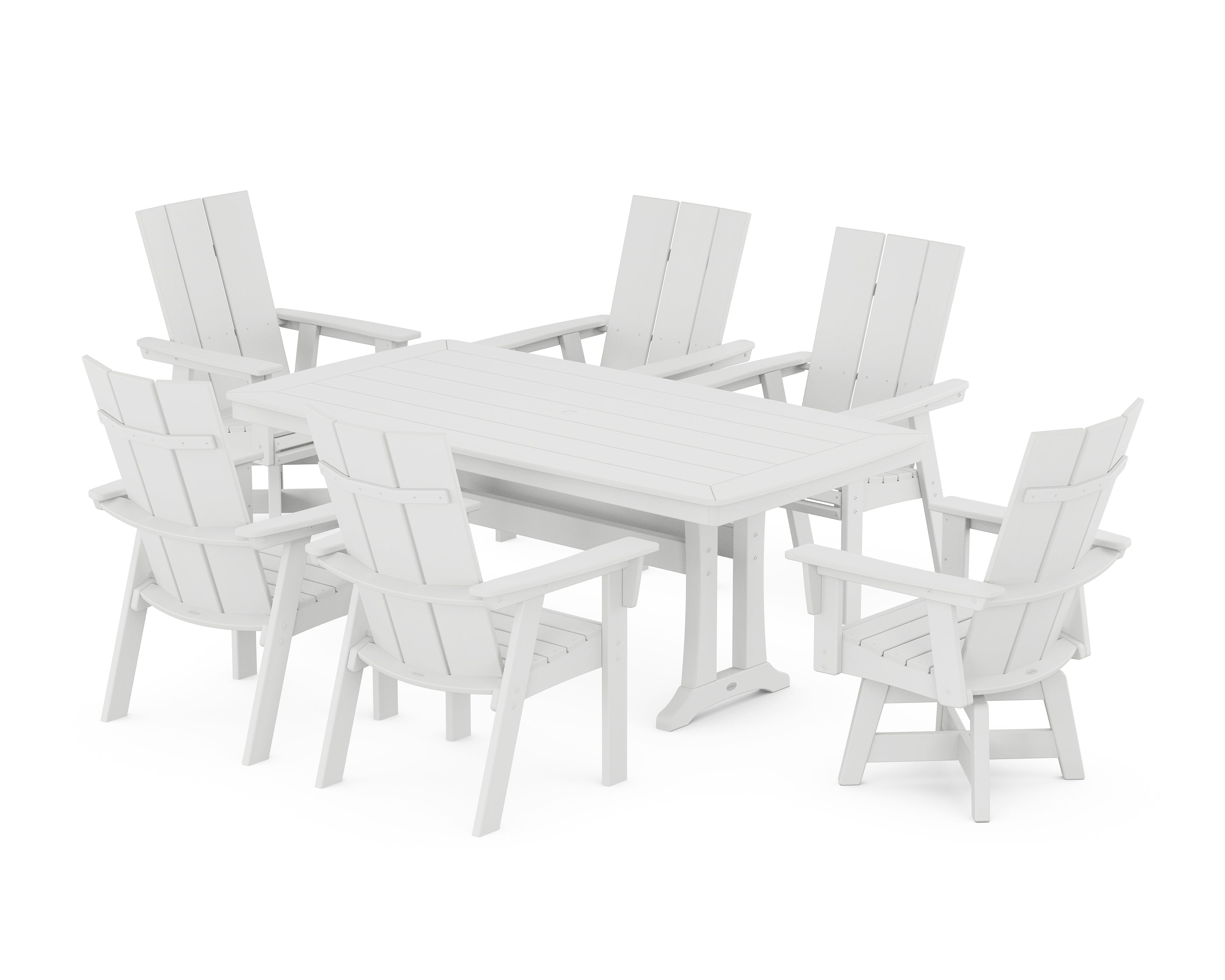 POLYWOOD® Modern Adirondack Swivel Chair 7-Piece Dining Set with Trestle Legs in White
