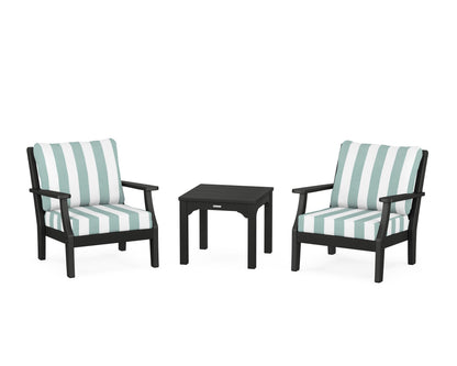 Martha Stewart by POLYWOOD® Chinoiserie 3-Piece Deep Seating Set in Black / Cabana Stripe Glacier Spa