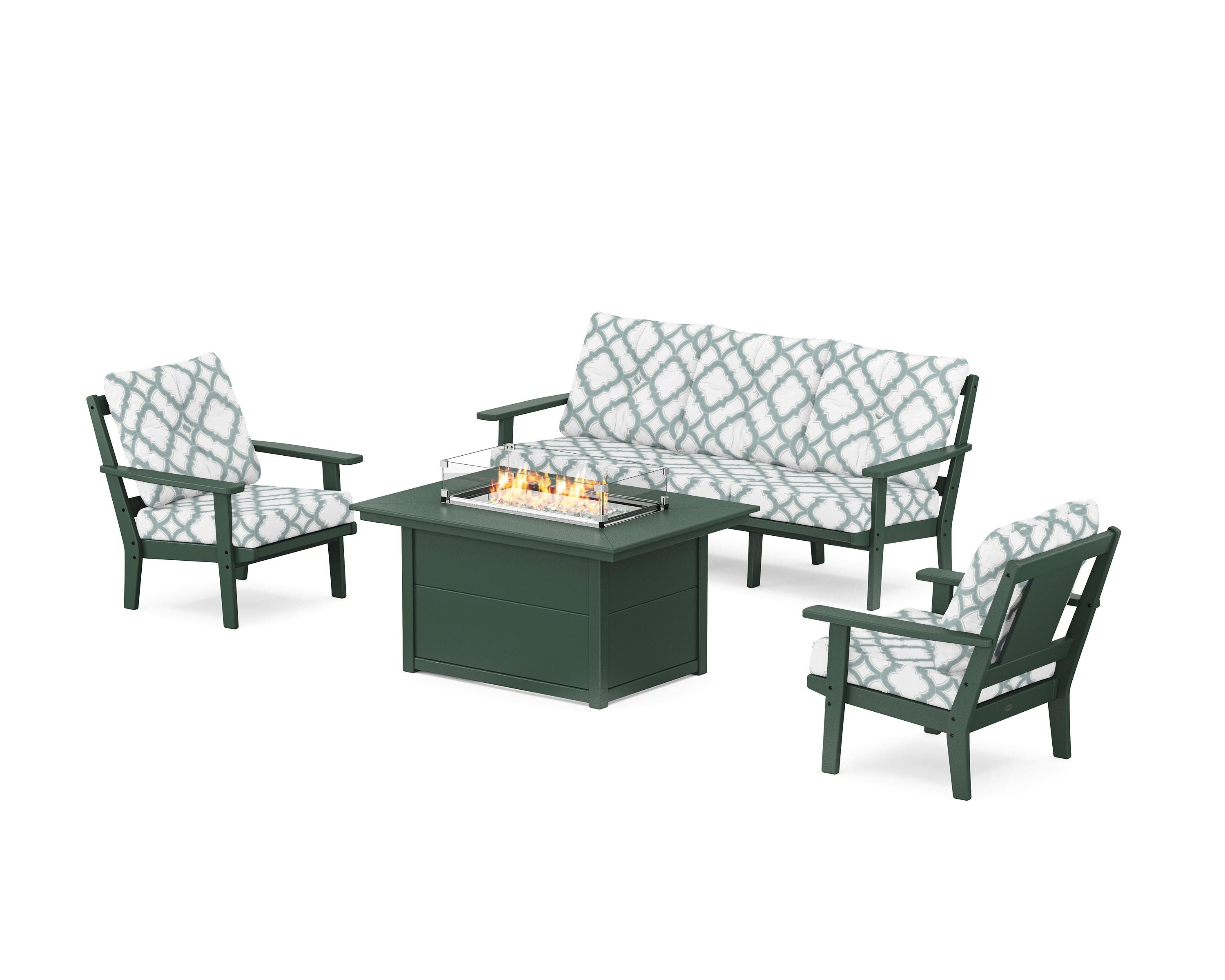 POLYWOOD® Prairie Deep Seating Fire Pit Table Set in Green / Trellis Glacier Spa