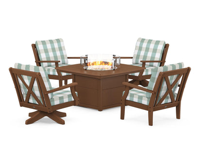 POLYWOOD® Braxton 5-Piece Deep Seating Set with Fire Table in Teak / Buffalo Plaid Glacier Spa