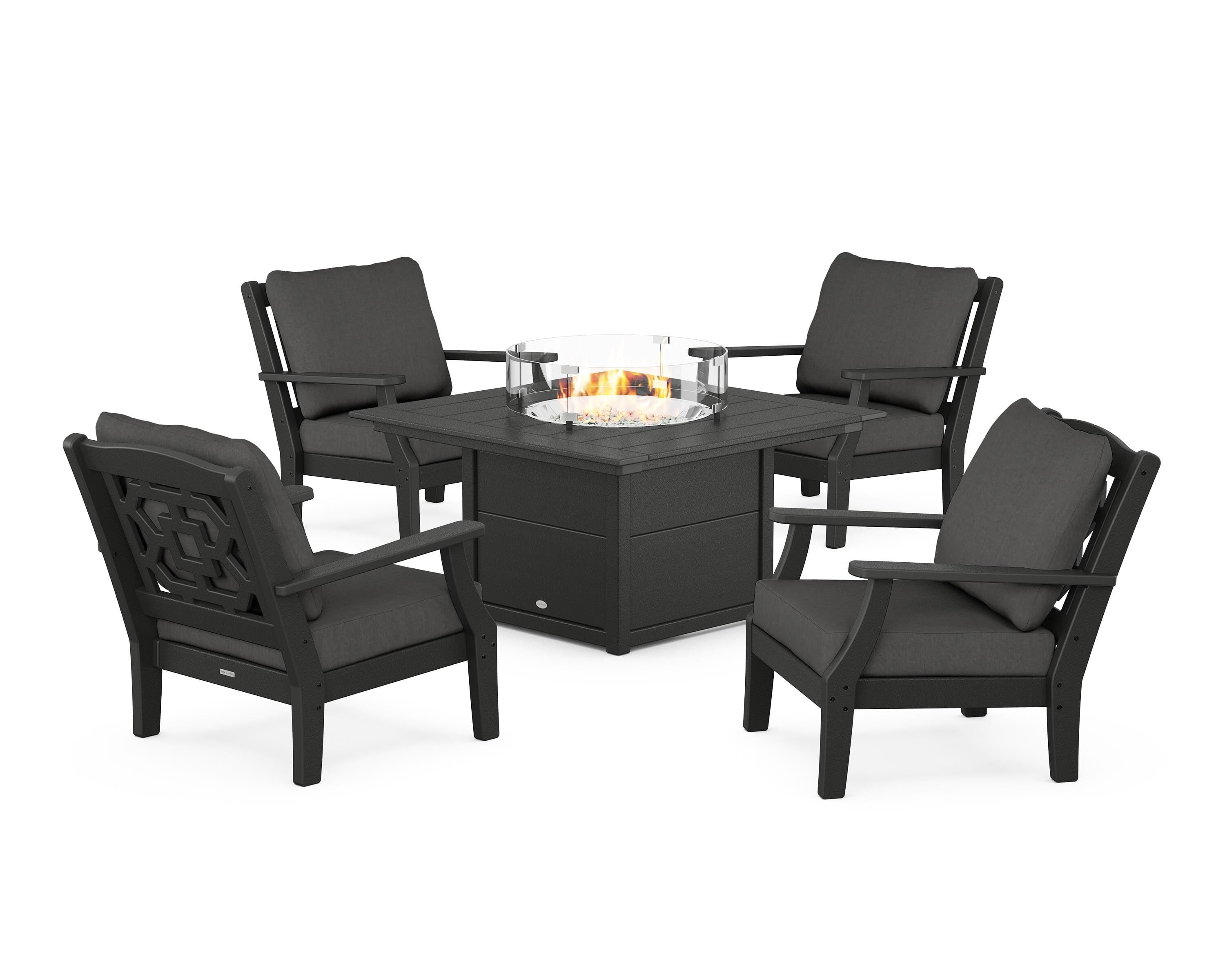 Martha Stewart by POLYWOOD® Chinoiserie 5-Piece Deep Seating Set with Fire Pit Table in Black / Spectrum Carbon