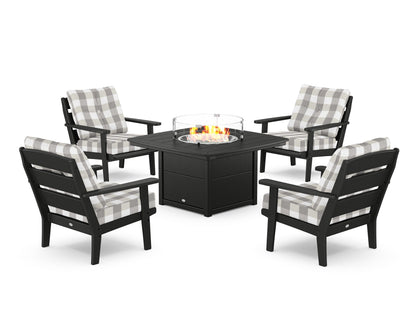POLYWOOD® Lakeside 5-Piece Deep Seating Set with Nautical Fire Pit Table in Black / Buffalo Plaid Grey Mist