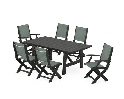 POLYWOOD® Coastal Folding Chair 7-Piece Rustic Farmhouse Dining Set in Black / Dupioni Sea Mist Sling