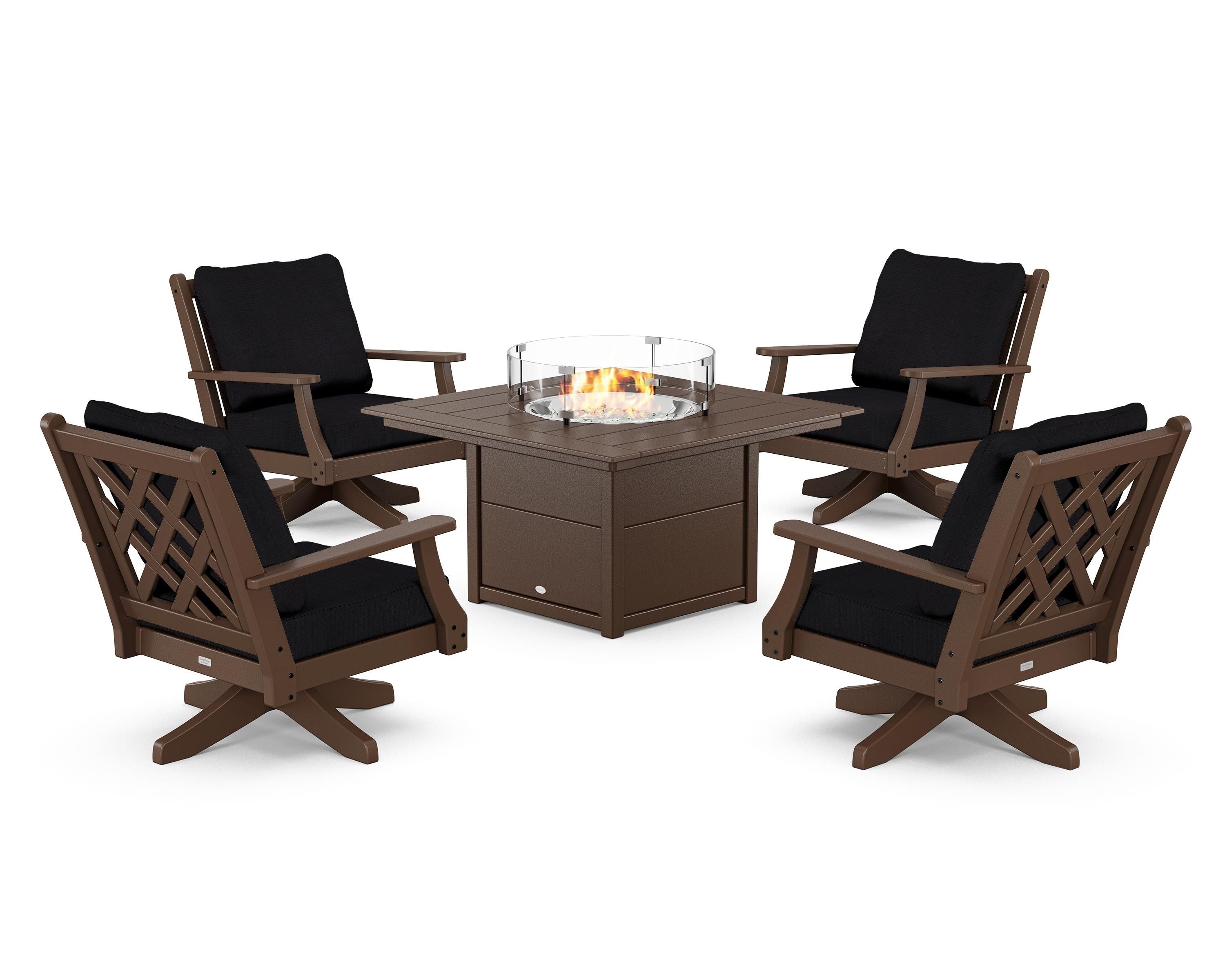 Country Living Wovendale 5-Piece Deep Seating Swivel Conversation Set with Fire Pit Table in Mahogany / Midnight Linen