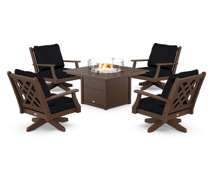 Country Living Wovendale 5-Piece Deep Seating Swivel Conversation Set with Fire Pit Table in Mahogany / Midnight Linen